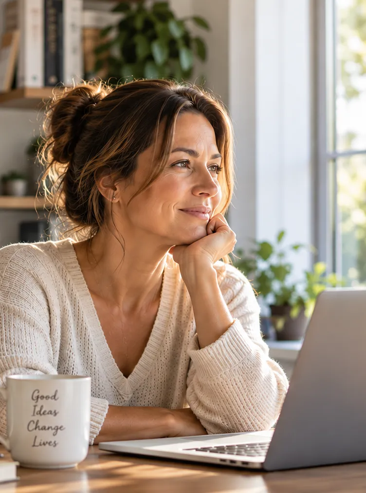 Woman reflecting beside her laptop
