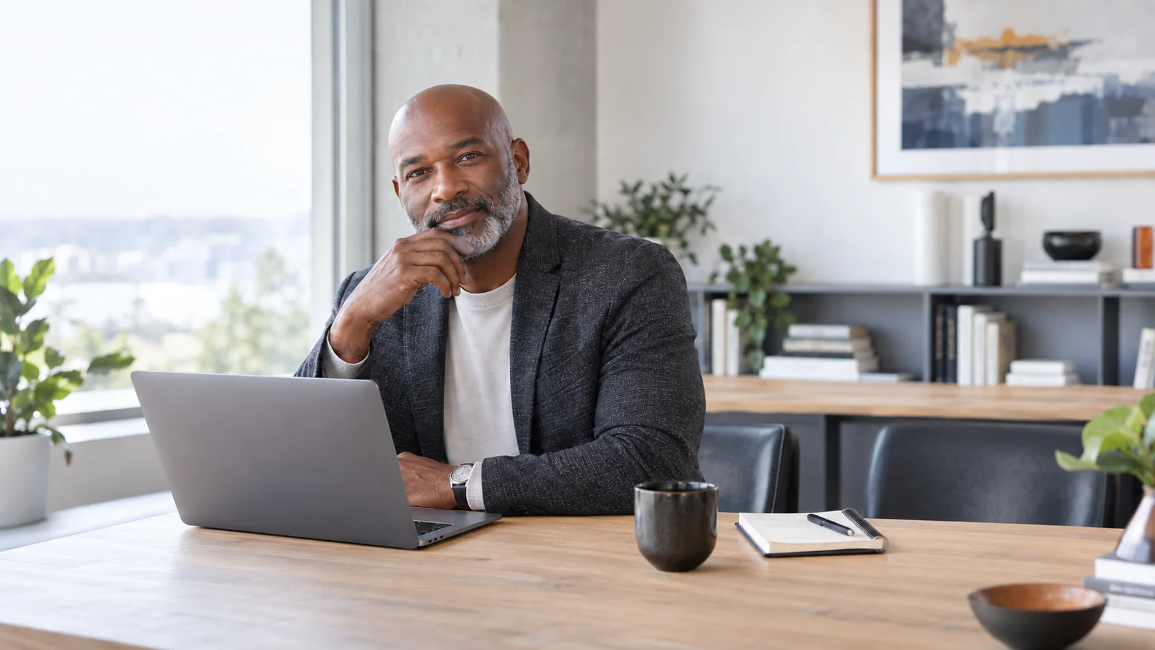 A senior leader thoughtfully engaging with AI at a laptop