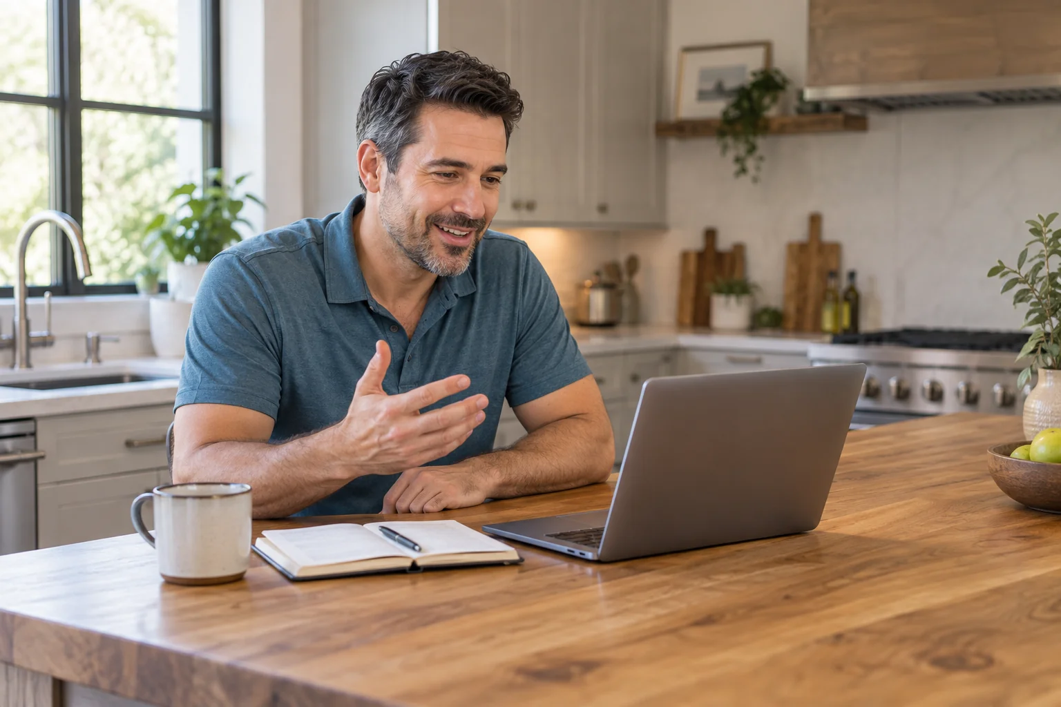 An engaged participant working with AI from a kitchen island during the seminar